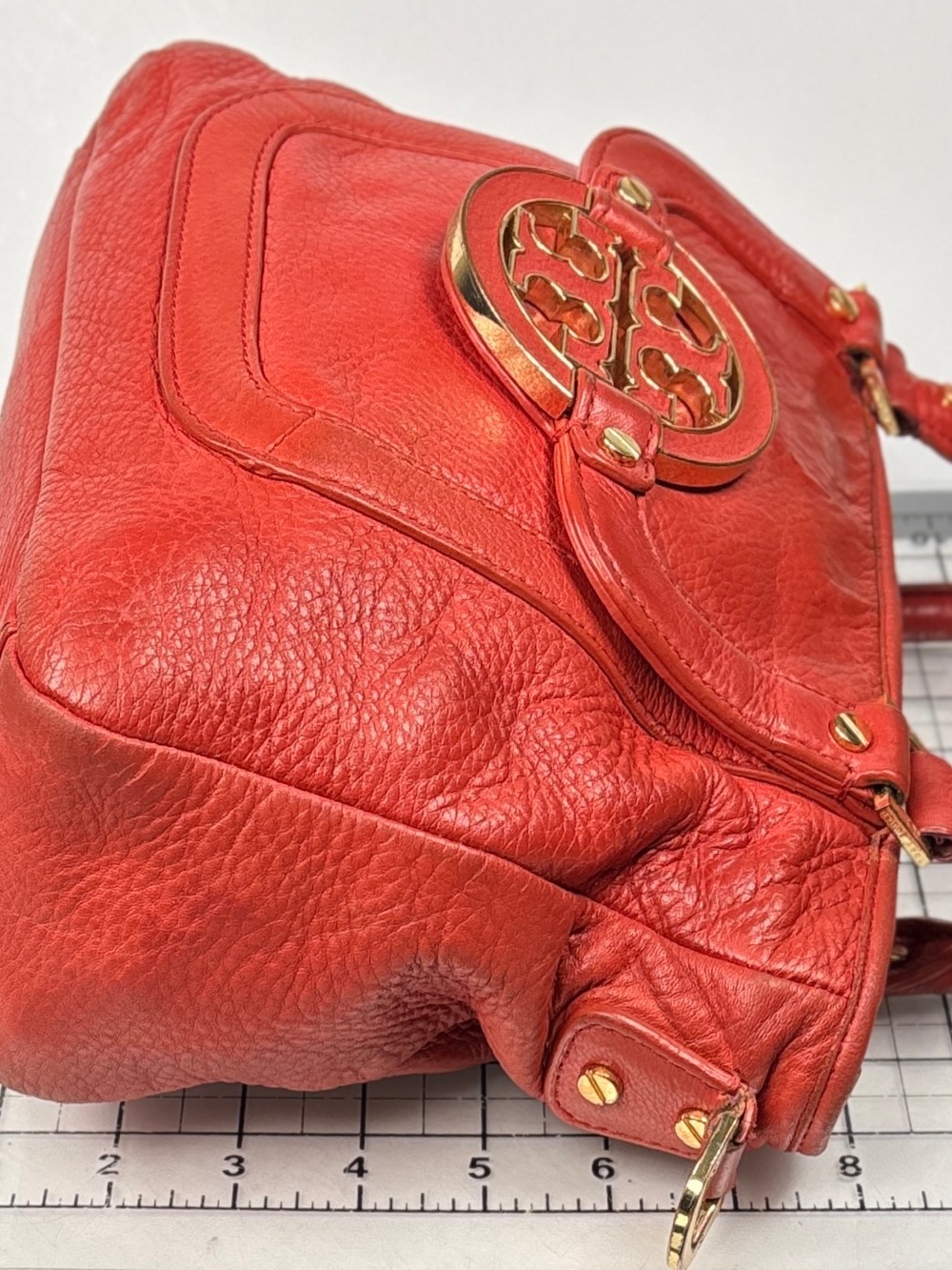 Tory burch Red Orange Amanda - Leather Shoulder Tote Bag with Gold Accents. - Picture 4 of 13